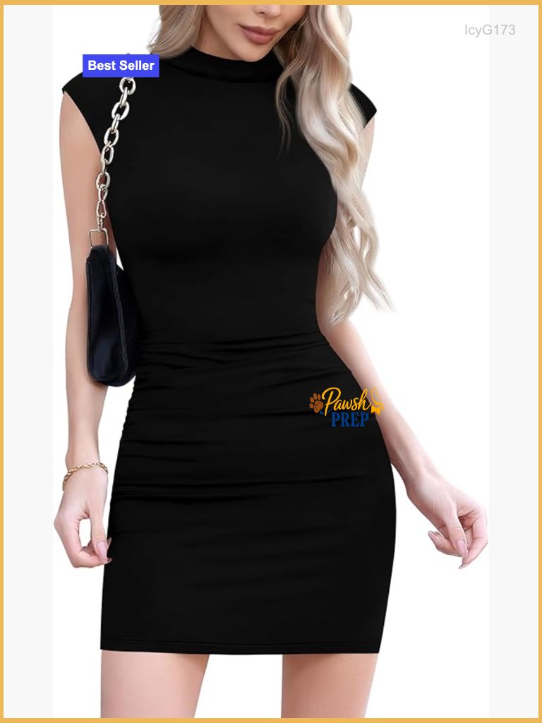 Mock Neck Bodycon Dress Sleeveless Ruched Slim Fit Mini Party Club